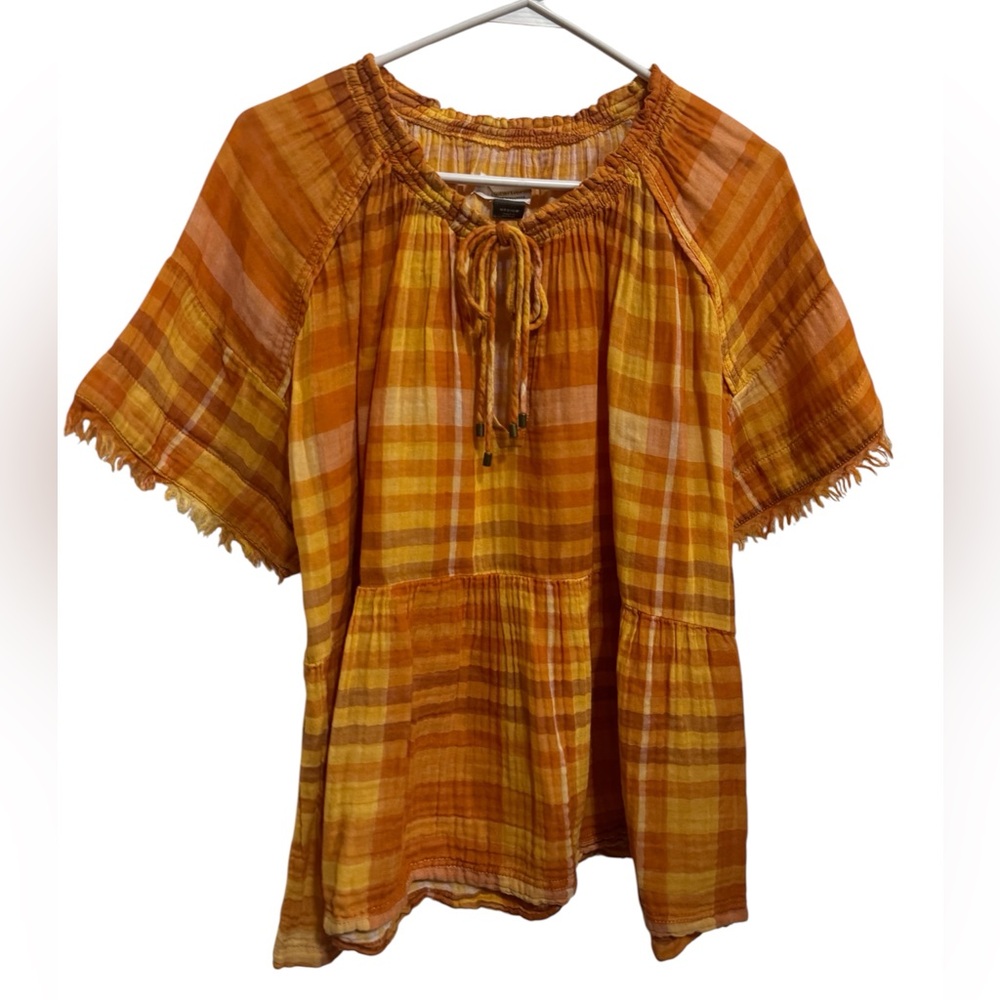 Pilcro by Anthropology Bette babydoll orange gingham blouse 100% cotton